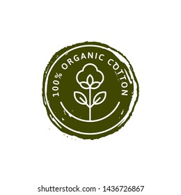 Natural Organic Cotton Liner labels and badges and hand draw pencil texture - Vector Round Icon ,Sticker, Logo, Stamp, Tag Cotton Flower - Natural Cloth green Logo Plants Stamp Organic Textiles.