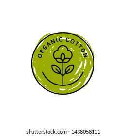 Natural Organic Cotton Liner Labels And Badges And Hand Draw Pencil Texture - Vector Round Icon ,Sticker, Logo, Stamp, Tag Cotton Flower - Natural Cloth Green Logo Plants Stamp Organic Textiles.