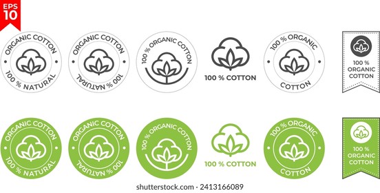 Natural Organic Cotton Liner labels and badges - Vector Round Icon, Sticker, Logo, Stamp, Tag Cotton Flower. Flat design. Vector illustration