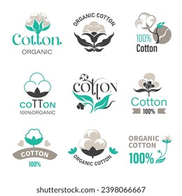 Natural and organic cotton production of textile and fabric. Plant with soft fluffy ball, stem and leaves. Growing field of flora. Promotional banner or logo, package sticker. Vector in flat style