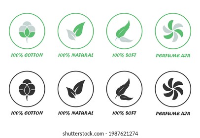 Natural organic cotton, pure and soft cotton, vector labels set icons or badges, stickers, signs. Isolated on white background.