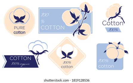 Natural organic cotton, pure cotton vector labels set. Hand drawn, typographic style icons or badges, stickers, signs. Isolated on white background.