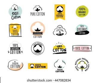 Natural organic cotton, pure cotton vector labels set. Hand drawn, typographic style icons or badges, stickers, signs. Isolated on white background.