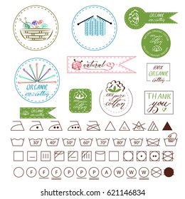 Natural organic cotton, pure cotton, Yarn, wool, vector labels set. Hand drawn, typographic style icons or badges, stickers, signs. Isolated on white background.Set of washing symbols

