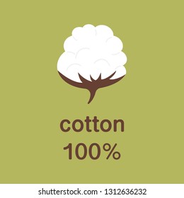 Natural organic cotton vector label, sticker, logo. Isolated icon on green background. Cotton labels or logo for pure 100 percent natural cotton textile tag icon vector