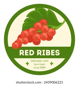 Natural and organic dessert and sweet addition to dishes and meals, component of breakfast. Red ribes farm fresh jam. Product label or logotype, sticker or emblem for package. Vector in flat style
