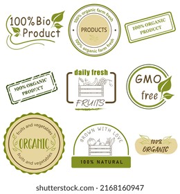 Natural organic eco food product labels. Fresh and high quality fruits and vegetables badges. Vector collection emblems for packaging market cafe.