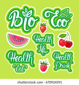 Natural Organic Eco Food Stickers Set Healthy Lifestyle Label Collection Vector Illustration