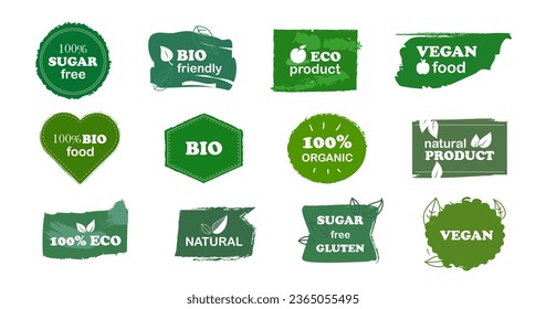 Natural, organic, eco, fresh, bio food product green badge in grunge brush and recycle arrow. Set of green grunge texture for product	