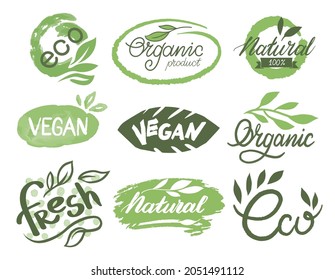 Natural and organic, ecologically friendly and environmentally safe products. Package sticker or stamp for vegan food and items for sale. Label or banner, emblem or logotype. Vector in flat style