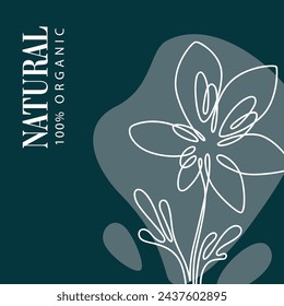 Elementos naturales y orgánicos, promoviendo su bienestar y medio ambiente. Banner promocional o etiqueta engomada del paquete del producto con la flor. Estilo de vida sostenible y respetuoso con el medio ambiente. Vector en estilo plano