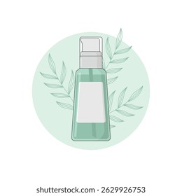 Natural Organic Facial Skin Care Serum, Cosmetic Product in a Green Bottle with a Blank Label, Vector Illustration.