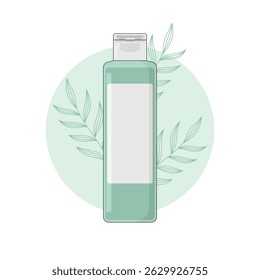 Natural Organic Facial Skin Care Liquid Toner, Cosmetic Product in a Green Bottle with a Blank Label, Vector Illustration.