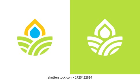 natural and organic farming land logo with water drop and sun element, simple environmental logo