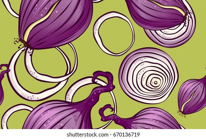 Natural organic farming vegetables pattern with fresh onions and slices on light green background seamless vector illustration