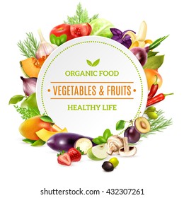 Natural organic food background with colorful bright frame contained fresh vegetables and fruits set pictured in realistic style vector illustration