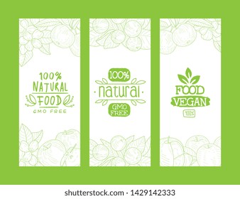 Natural Organic Food, Gmo Free, Vegan Food 100 Percent Banners Templates Set, Green Hand Drawn Vector Illustration