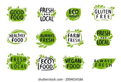 Natural, organic food icon. Set of stickers, labels, tags. Eco, bio with leaves symbol