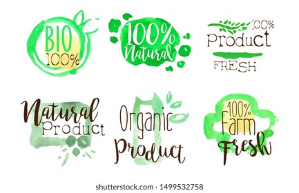 Natural Organic Food Labels Set, Bio Farm Product Badges Watercolor Hand Drawn Vector Illustration