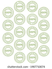 Natural and organic food line icons set. Symbols of nutrients are common in food products collection. Gluten free, lactose free, sugar free, lactose free, vegan. Nutrition facts icon.