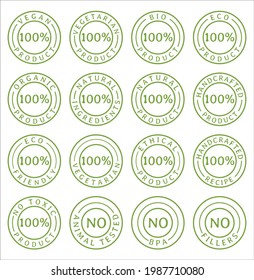 Natural and organic food line icons set. Symbols of nutrients are common in food products collection. Gluten free, lactose free, sugar free, lactose free, vegan. Nutrition facts icon.