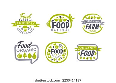 Natural, organic food logo design set. Fresh products packaging, farm market, eco store labels, badges hand drawn vector illustration