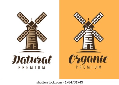Natural, organic food logo. Windmill symbol. Farm, food concept