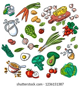 Natural, organic food. Set of color various doodles, hand drawn quick simple sketches of different kinds of vegetables greens. Vector freehand illustration isolated on white background.