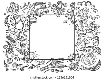 Natural, organic food. Set various doodles, hand drawn quick simple sketches of different kinds of vegetables greens. Vector freehand illustration isolated on white background.