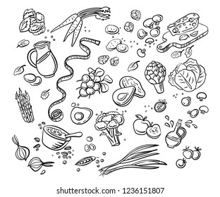 Natural, organic food. Set various doodles, hand drawn quick simple sketches of different kinds of vegetables greens. Vector freehand illustration isolated on white background.