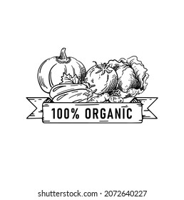 Natural organic food stamp and label,Hand drawn vector illustration. Can be used for farmers market, poster, banner, sticker, logo, label and other design.