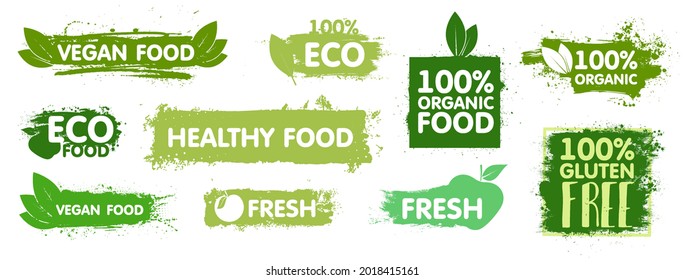 Natural organic food stickers. Vegan food logo. Organic, eco food, vegan, fresh, healthy and gluten free stickers with effect green paint.
Isolated signs with leaves and lettering. Vector set