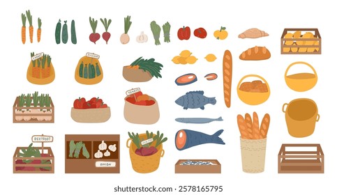 Natural organic food, vegetables and fruits, fish, bread products with storage package accessories for farmers street local market set. Fall harvest and seafood for shopping stall vector illustration