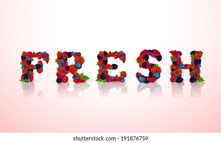 Natural organic forest garden berries in fresh word emblem vector illustration