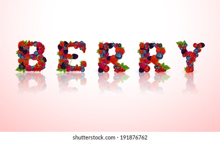 Natural organic forest garden berry word emblem with strawberry raspberry cow-berry vector illustration