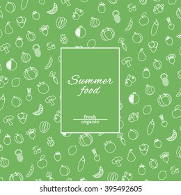 Natural Organic Fresh Berries, Fruits and Vegetables Icons in Line Style. Summer Food Design Template for restaurant menu, promotion, voucher, healthy and vegetarian food. Flat vector illustration. 