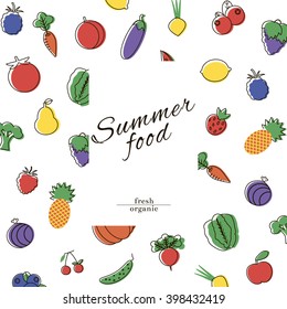 Natural Organic Fresh Berries, Fruits and Vegetables Icons. Summer Food Design Template for restaurant menu, promotion, voucher, healthy and vegetarian food. Flat vector illustration. 
