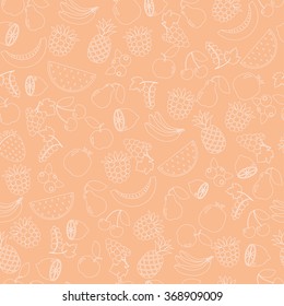 Natural organic fruit and berries seamless pattern with blueberry, black currant, pineapple, lemon, orange vector illustration, food industry