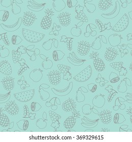 Natural organic fruit and berries seamless pattern with blueberry, black currant, pineapple, lemon, orange vector illustration. Mint background. Food industry