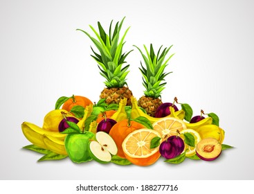 Natural organic fruits set still life with orange banana pineapple apple plum lemon vector illustration