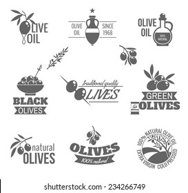 Natural organic green and black olives traditional quality oil black label set isolated vector illustration