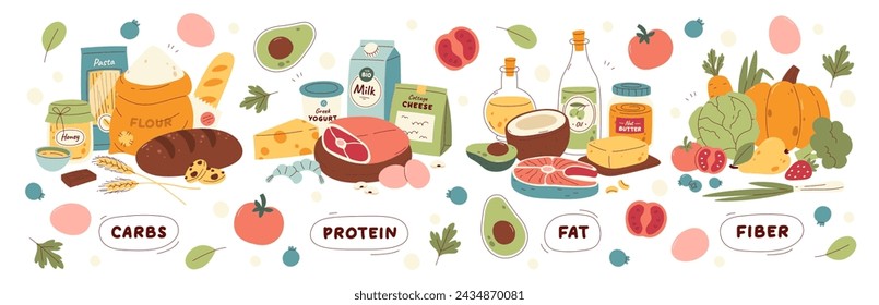 Natürliche gesunde organische Lebensmittelgruppen, die Ballaststoffe, Fett, Protein, Krebse enthalten Vektor-Illustration. Wichtigste Ernährungskategorien, Ernährung reich an Makronährstoffen und Vitaminen für Gesundheit und Wohlbefinden