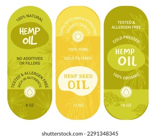 Natural and organic hemp oil, cold filtered no additives or fillers. Tested and allergen free products, label or emblem for packages. Paper stickers with weight and detail. Vector in flat style