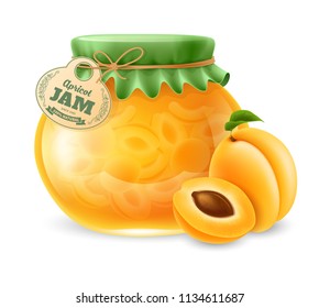 Natural organic homemade apricot jam in the glass jar with paper label and decorated with textile cover. Vector illustration.