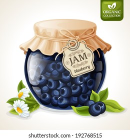 Natural organic homemade forest blueberry jam in glass with tag and paper cover vector illustration