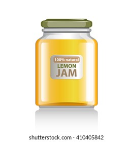 Natural organic homemade lemon jam in glass with tag vector illustration.