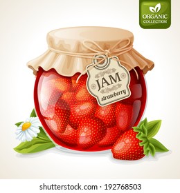 Natural organic homemade strawberry jam in glass with tag and paper cover vector illustration