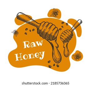 Natürlicher und ökologischer Honig aus Bienenstock, einzelne Etiketten oder Embleme für das Produkt. Bienen und Tropfen süßer flüssiger Nektar-Zutat. Werbebanner, Werbeplakat. Vektorgrafik im Flachstil