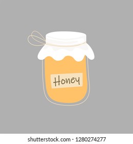 Natural and organic honey in jar on grey background. Vector cartoon illustration