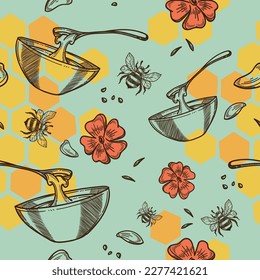 Natural and organic honey product made on farm. Farming and beekeeping, tasty sweet liquid from bees and pollen flowers. Background or wallpaper print, seamless pattern. Vector in flat style